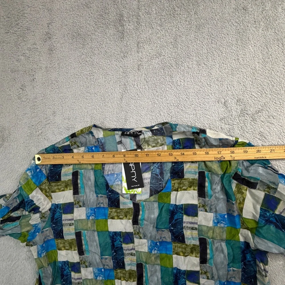 NWT APNY XXL Blue Green Mix Print V Neck Top 3/4 Sleeve Cupro Viscose - Picture 6 of 9